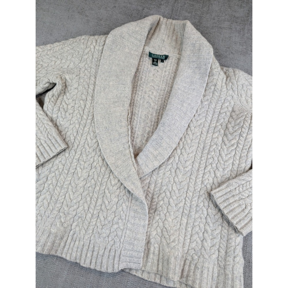 Lauren Ralph Lauren Cardigan L Lambswool Cable Knit Shawl Sweater - Missing Belt